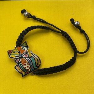 Silver Tone Colorful Calico Patchwork Cat Charm on Drawstring Bracelet